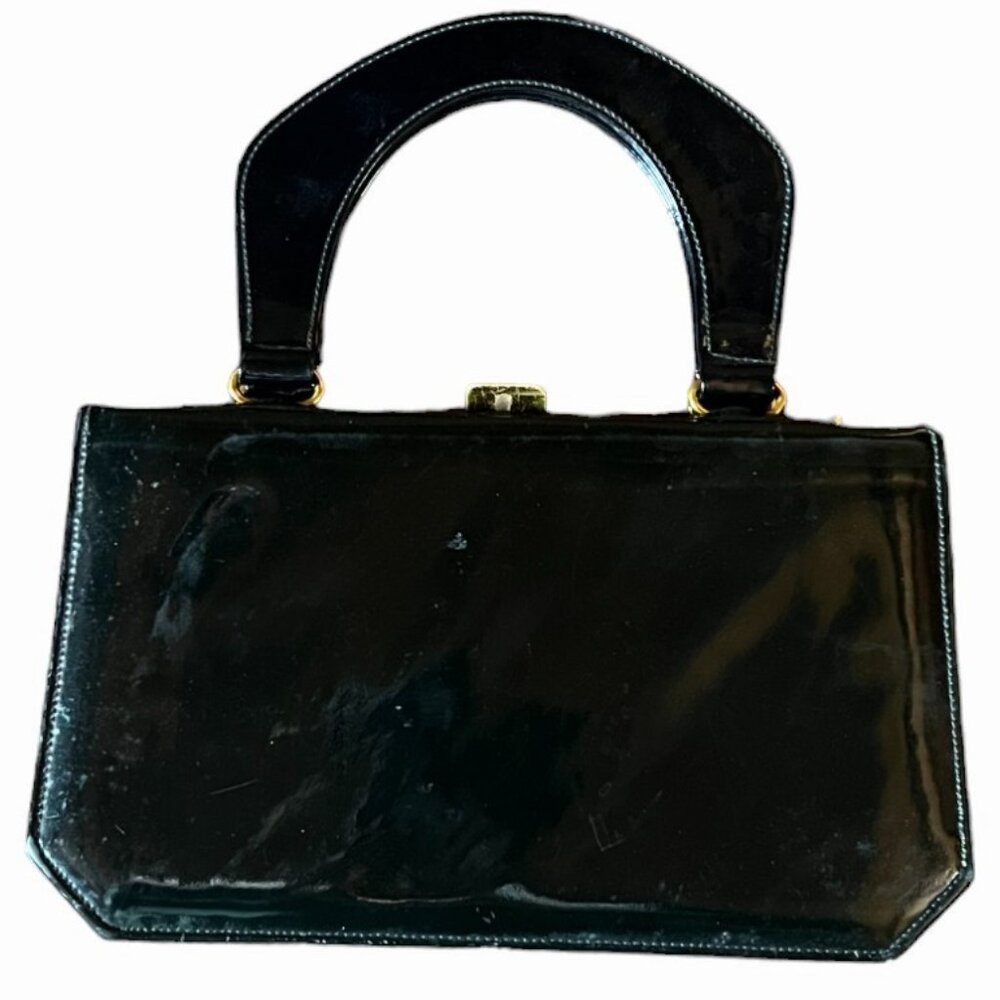 Vtg. 1950s Susan Gail Original Genuine Black Patent Leather Mod Accordion Purse